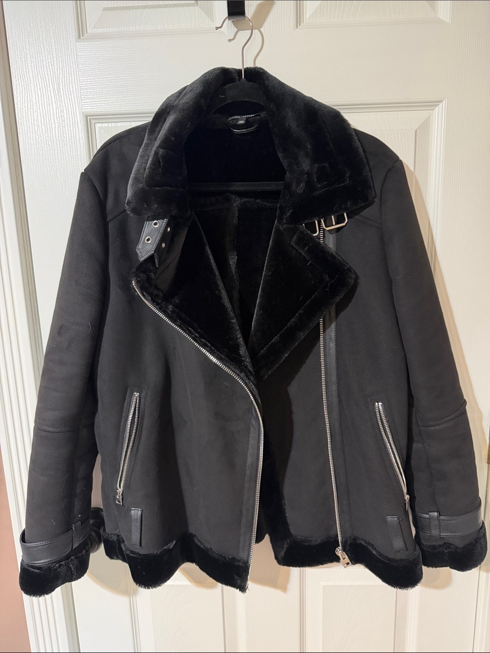 Topshop Black Faux Shearling Biker Jacket